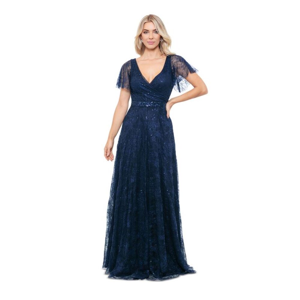 NWT B&A  BY BETSY & ADAM Womens Navy Lined Flutter Sleeve Gown Dress 4